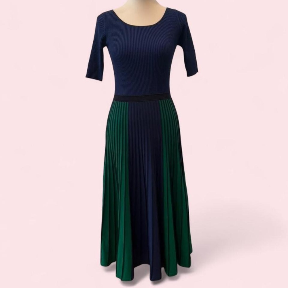 Boden Navy & Green Color Block Pleated Midi Dress Ribbed Bodice Size 2